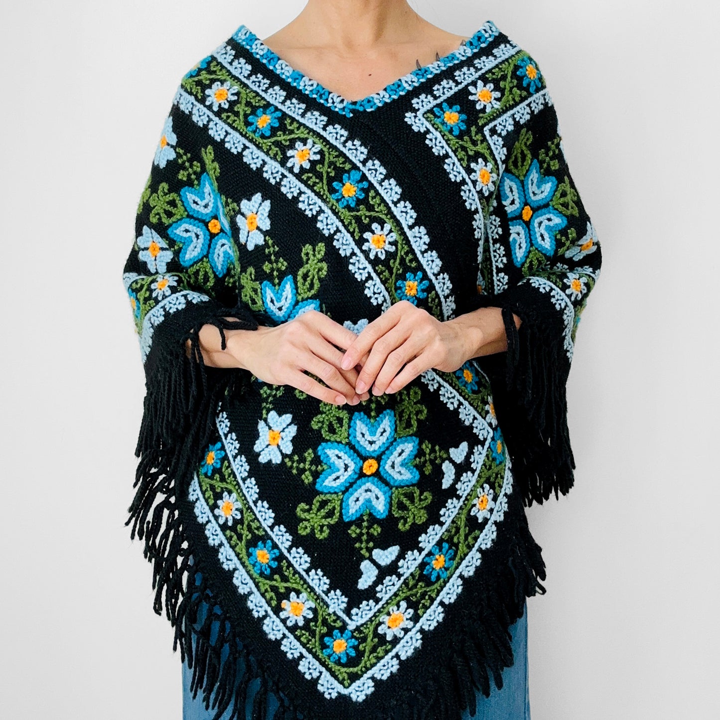 1970s Blue Yellow Black Green Floral Needlepoint Embroidered Fringe Knit Shawl