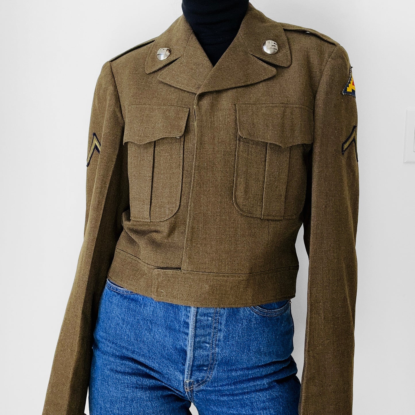 1950s Decorated Dark Olive Crop US Military Wool Army Jacket - S/M