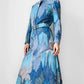 RESERVED!!! 1970s Blue Architectural Patterned Wool Button-Front Belted Knee-Length Tie-Neck Shift Dress - Sz. S