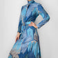 RESERVED!!! 1970s Blue Architectural Patterned Wool Button-Front Belted Knee-Length Tie-Neck Shift Dress - Sz. S