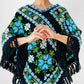 1970s Blue Yellow Black Green Floral Needlepoint Embroidered Fringe Knit Shawl