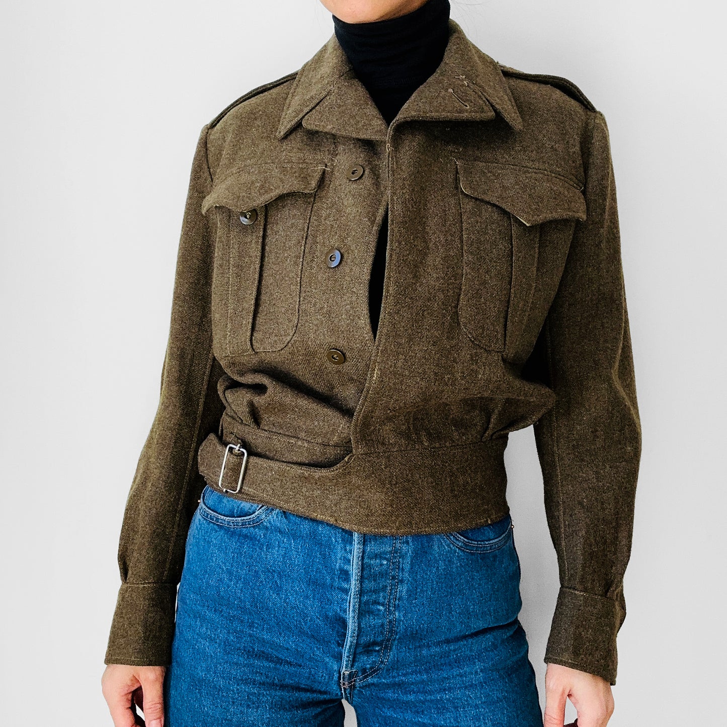 1950s Dark Olive Green Wool Crop Military Army Jacket - Sz. S