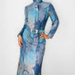RESERVED!!! 1970s Blue Architectural Patterned Wool Button-Front Belted Knee-Length Tie-Neck Shift Dress - Sz. S