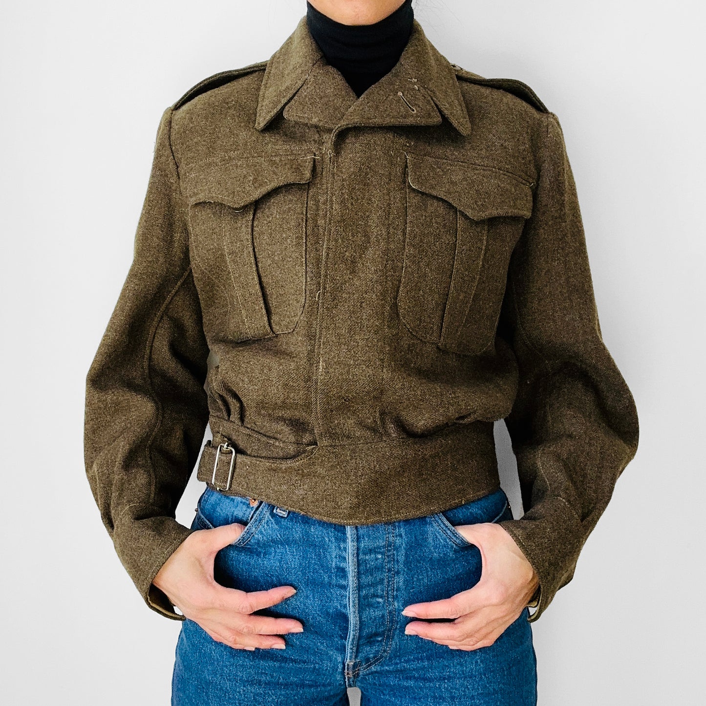 1950s Dark Olive Green Wool Crop Military Army Jacket - Sz. S