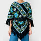 1970s Blue Yellow Black Green Floral Needlepoint Embroidered Fringe Knit Shawl