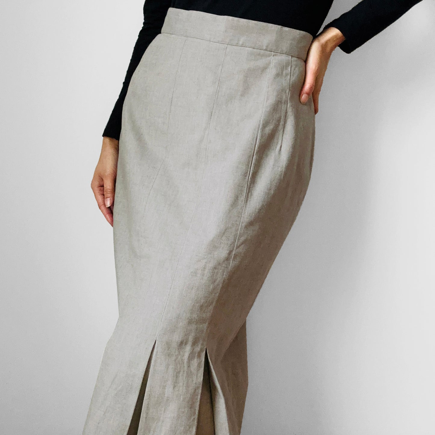 1990s Beige Grey Linen Pleated Hem Midi-Length Skirt - Waist 27