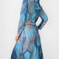 RESERVED!!! 1970s Blue Architectural Patterned Wool Button-Front Belted Knee-Length Tie-Neck Shift Dress - Sz. S
