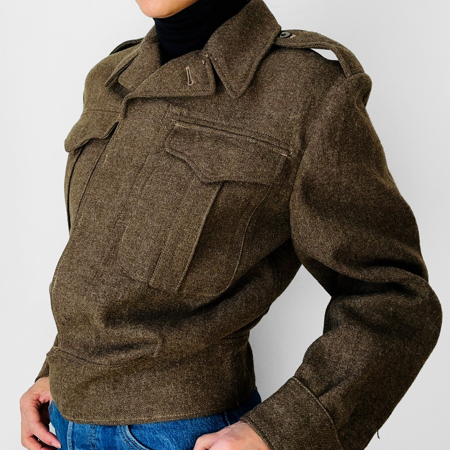 1950s Dark Olive Green Wool Crop Military Army Jacket - Sz. S