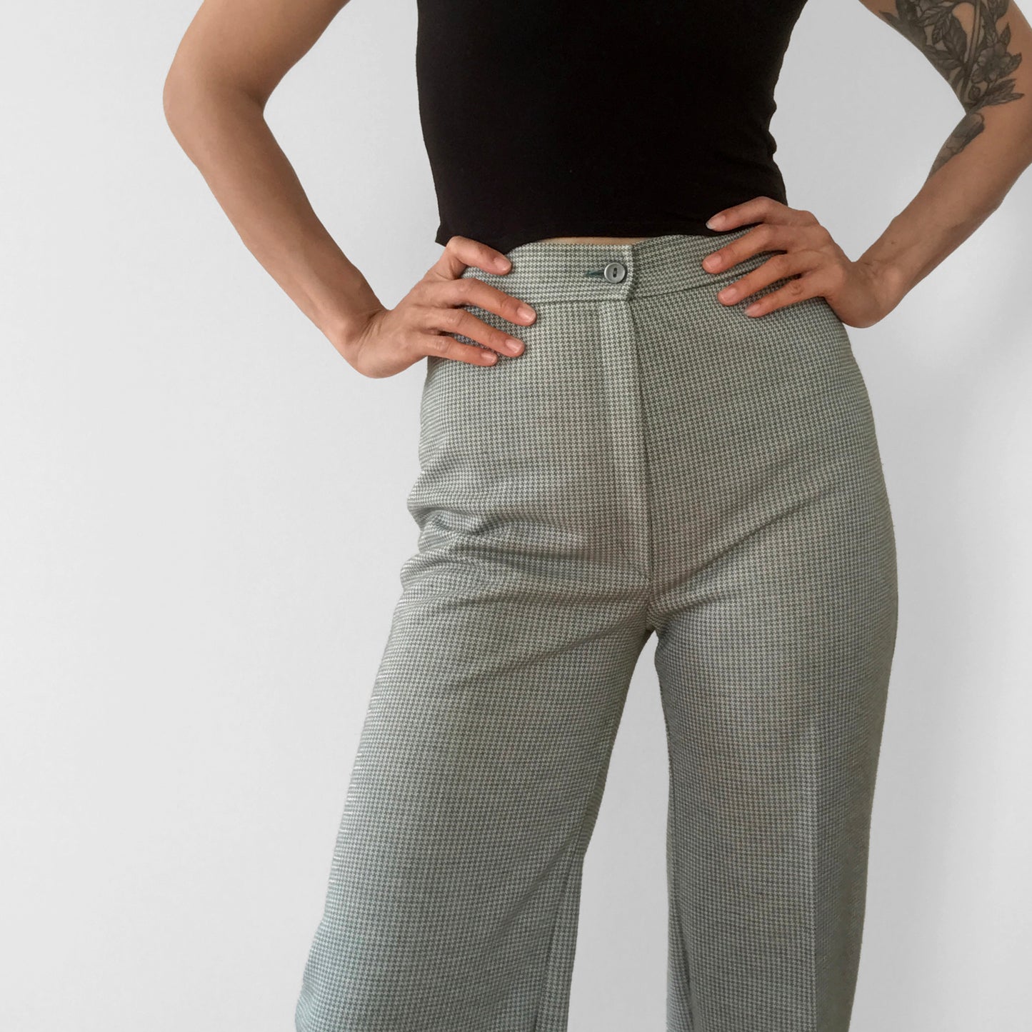 1970s Sage High-Waisted Wool-Blend Houndstooth Pants