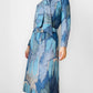 RESERVED!!! 1970s Blue Architectural Patterned Wool Button-Front Belted Knee-Length Tie-Neck Shift Dress - Sz. S