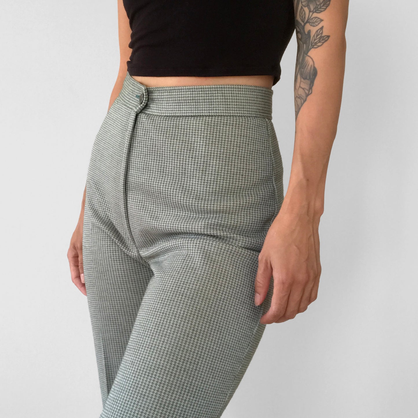 1970s Sage High-Waisted Wool-Blend Houndstooth Pants