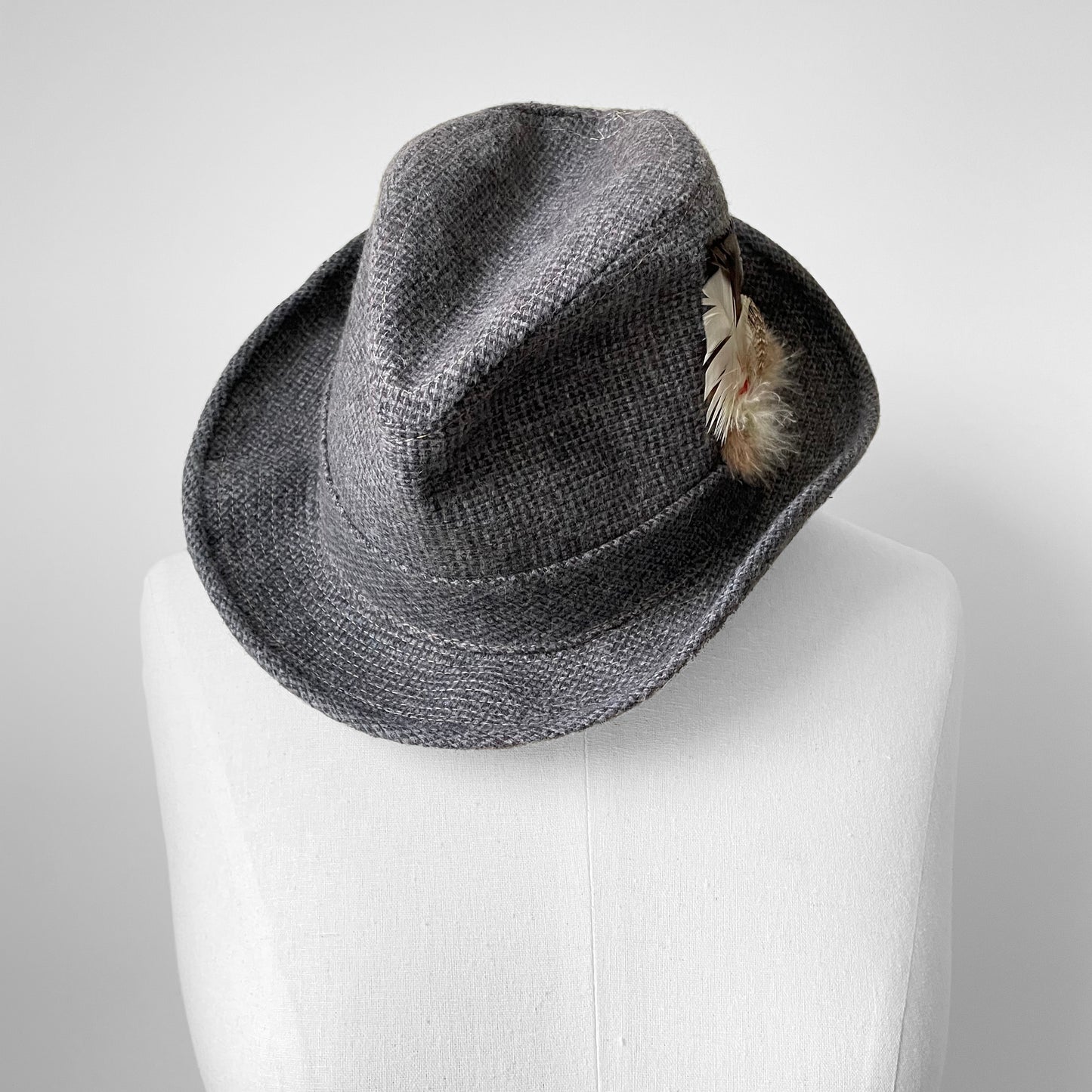 Grey Wool Tweed Feathered Fedora - XS