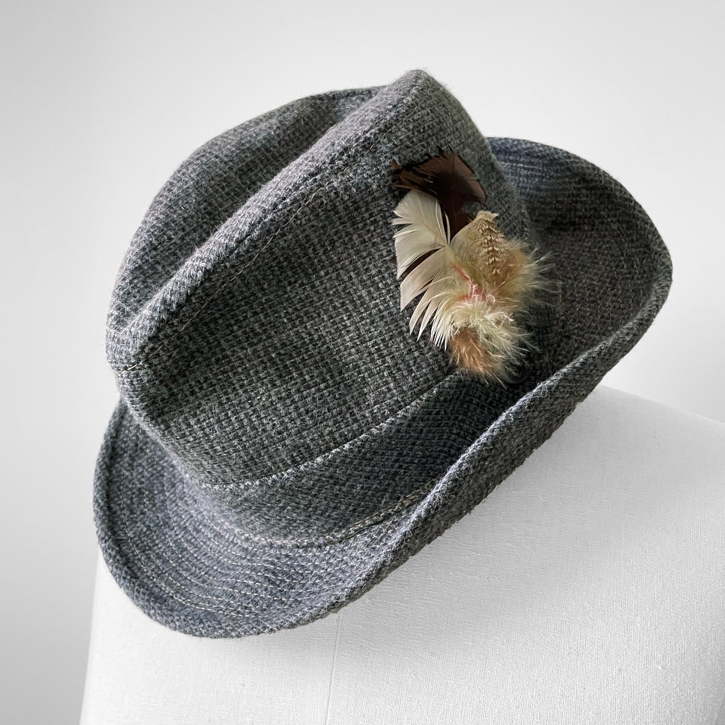 Grey Wool Tweed Feathered Fedora - XS