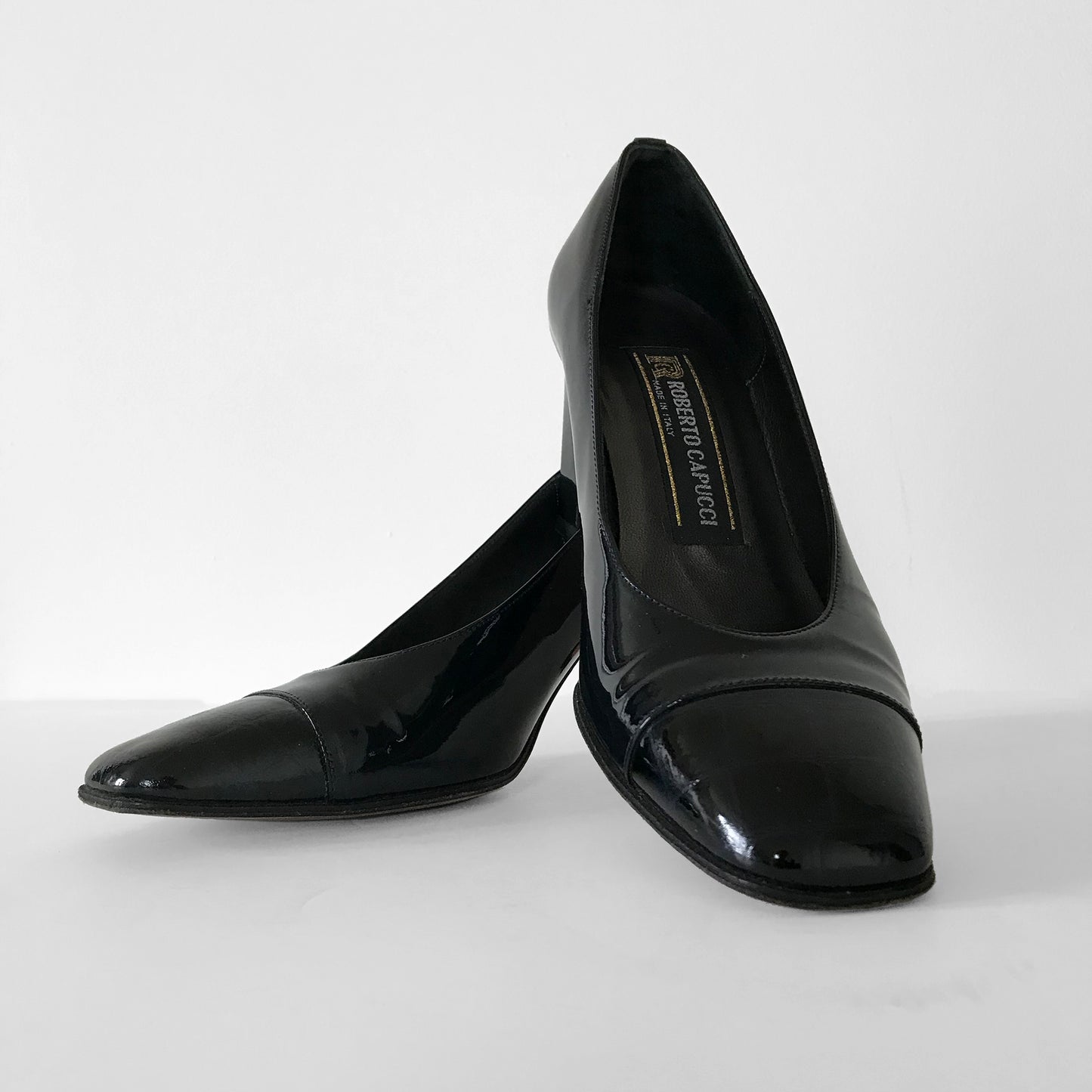 1990s Black Made in Italy Patent-Leather Boxy Heeled High-Heel Pumps