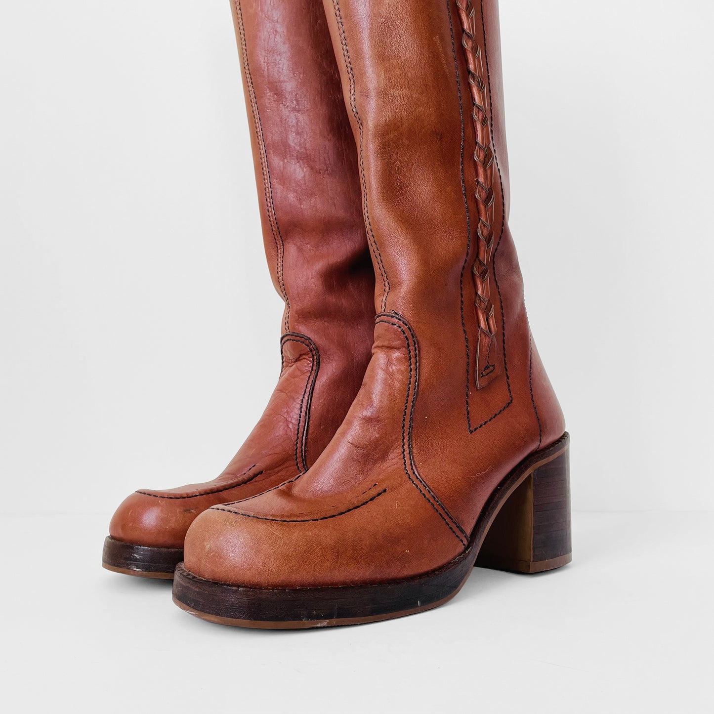 1970s Cognac Leather Wood-Heeled Zip-Up Knee-High Heeled Boots