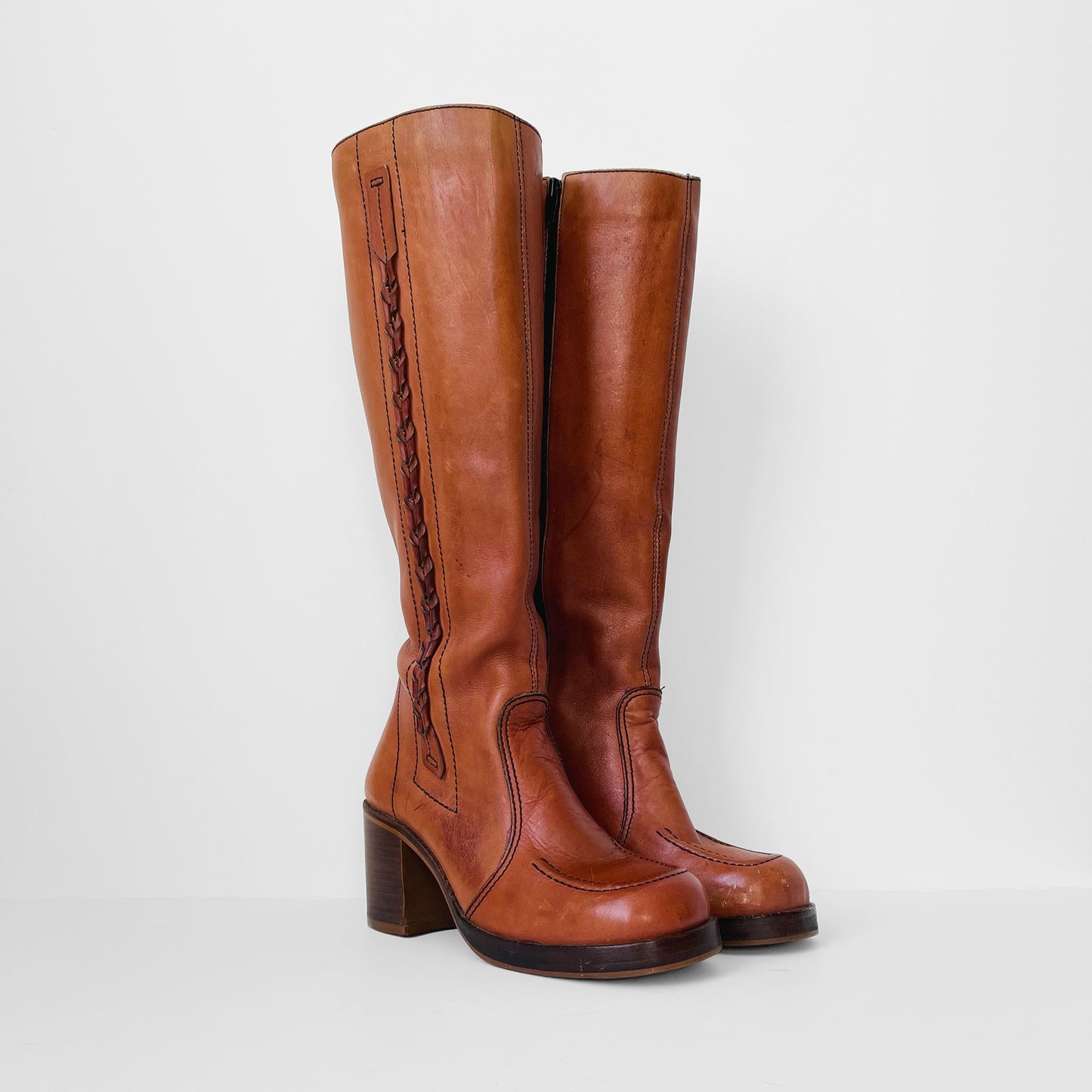 1970s Cognac Leather Wood-Heeled Zip-Up Knee-High Heeled Boots