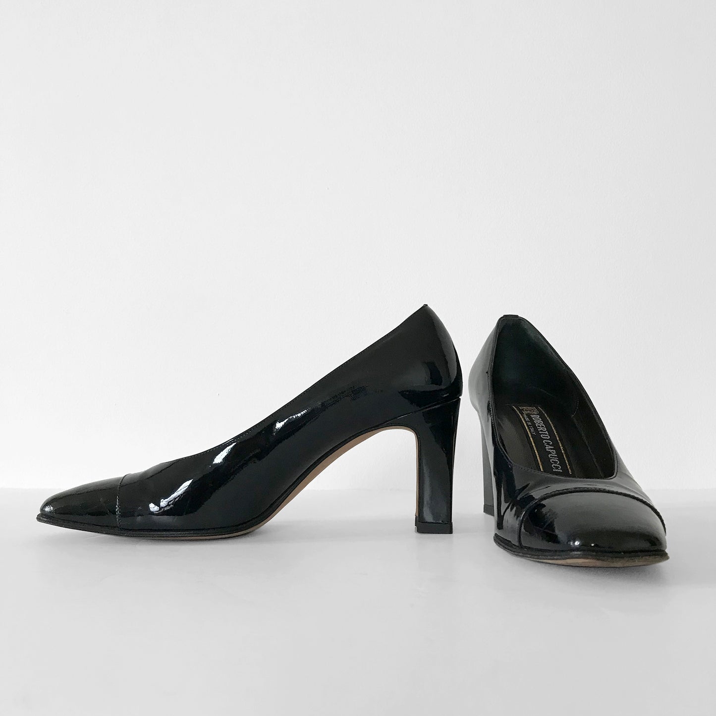 1990s Black Made in Italy Patent-Leather Boxy Heeled High-Heel Pumps