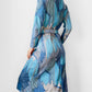 RESERVED!!! 1970s Blue Architectural Patterned Wool Button-Front Belted Knee-Length Tie-Neck Shift Dress - Sz. S