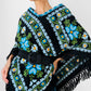 1970s Blue Yellow Black Green Floral Needlepoint Embroidered Fringe Knit Shawl