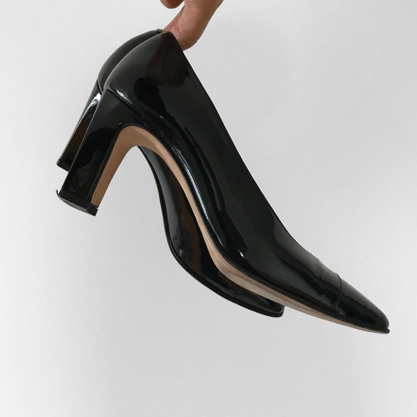 1990s Black Made in Italy Patent-Leather Boxy Heeled High-Heel Pumps