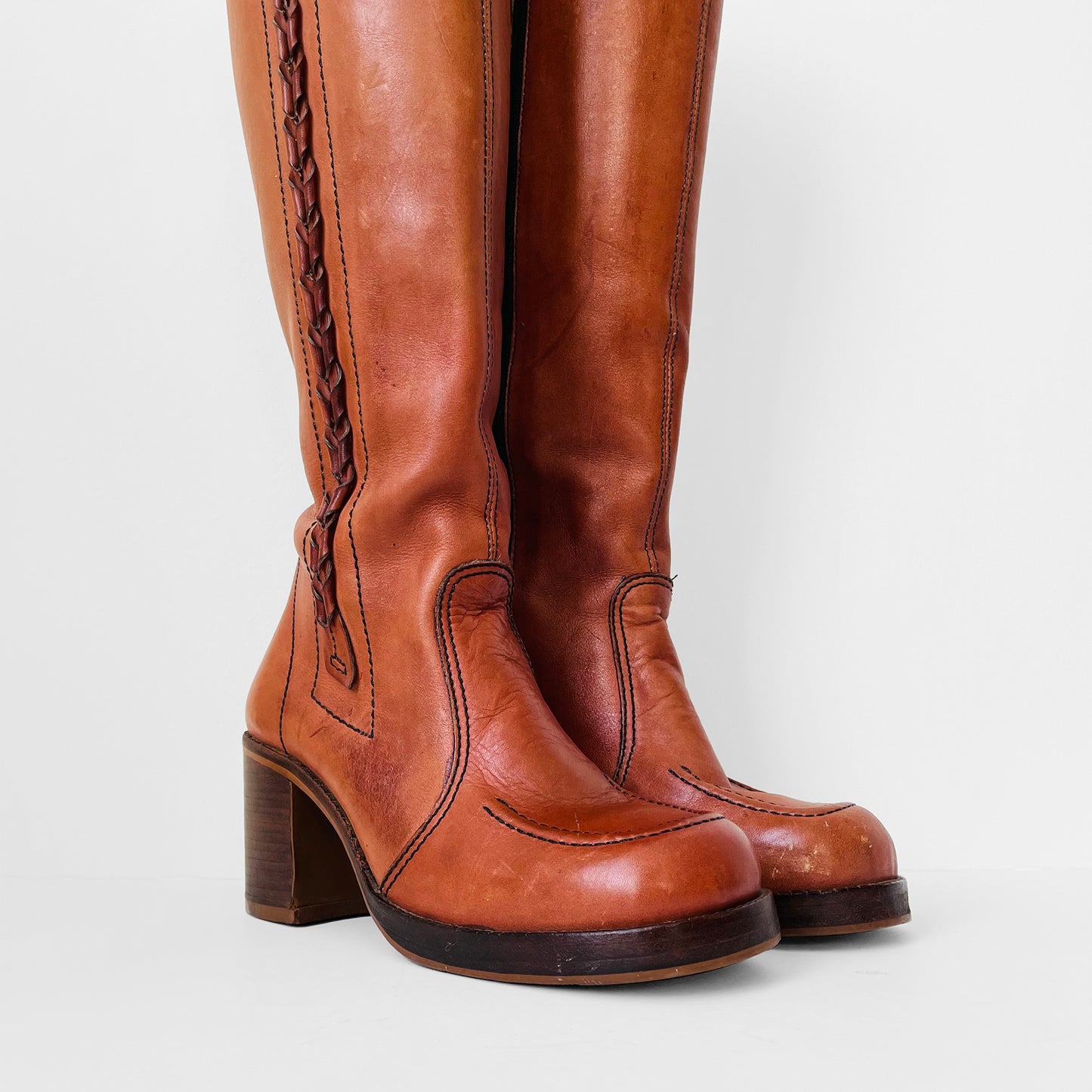 1970s Cognac Leather Wood-Heeled Zip-Up Knee-High Heeled Boots