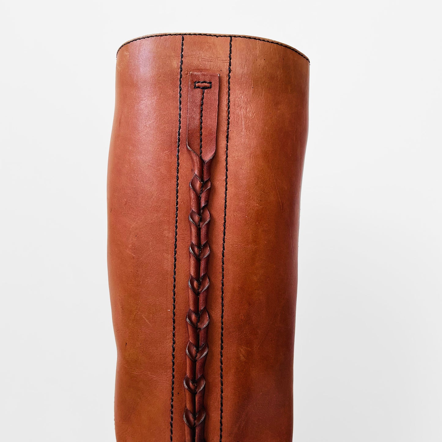 1970s Cognac Leather Wood-Heeled Zip-Up Knee-High Heeled Boots