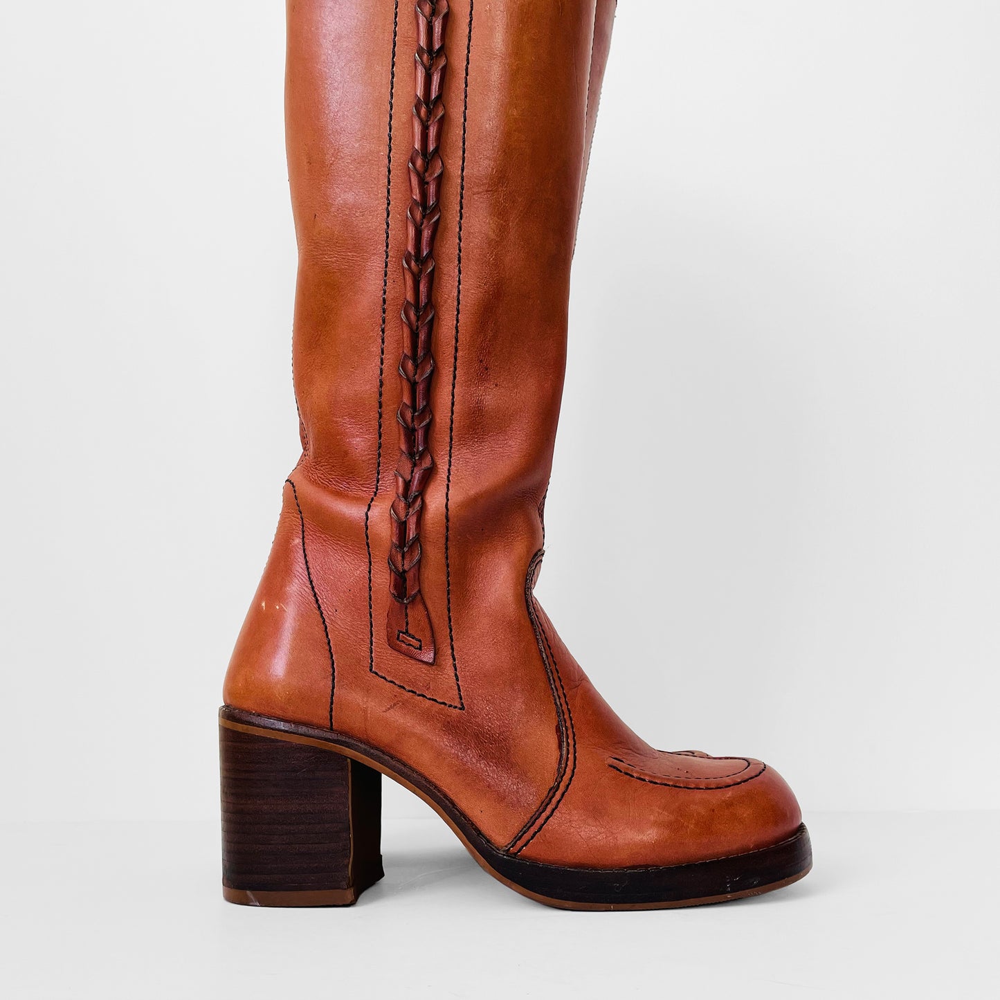 1970s Cognac Leather Wood-Heeled Zip-Up Knee-High Heeled Boots