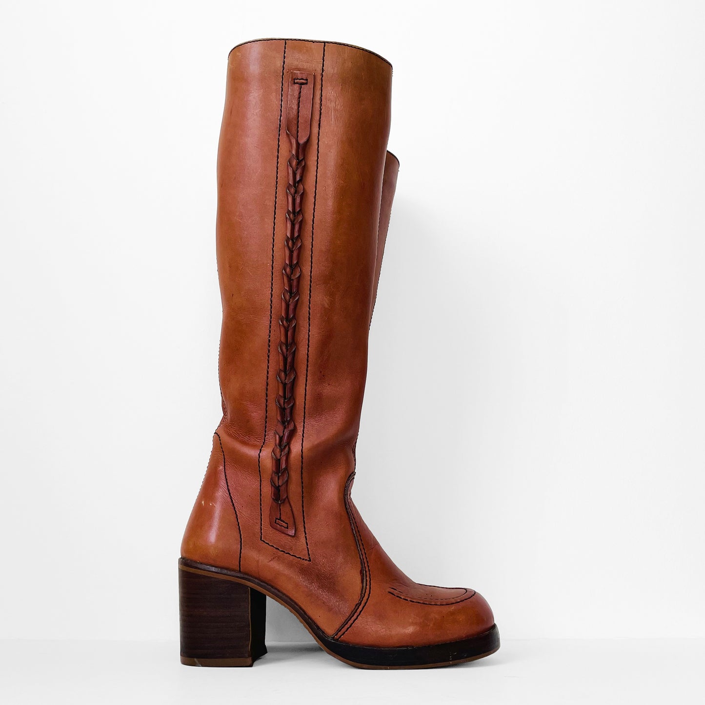 1970s Cognac Leather Wood-Heeled Zip-Up Knee-High Heeled Boots