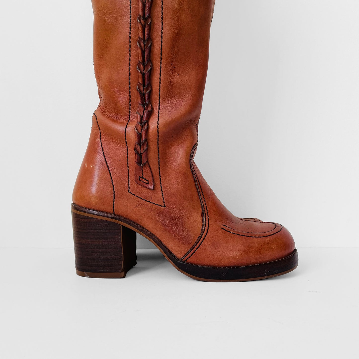 1970s Cognac Leather Wood-Heeled Zip-Up Knee-High Heeled Boots