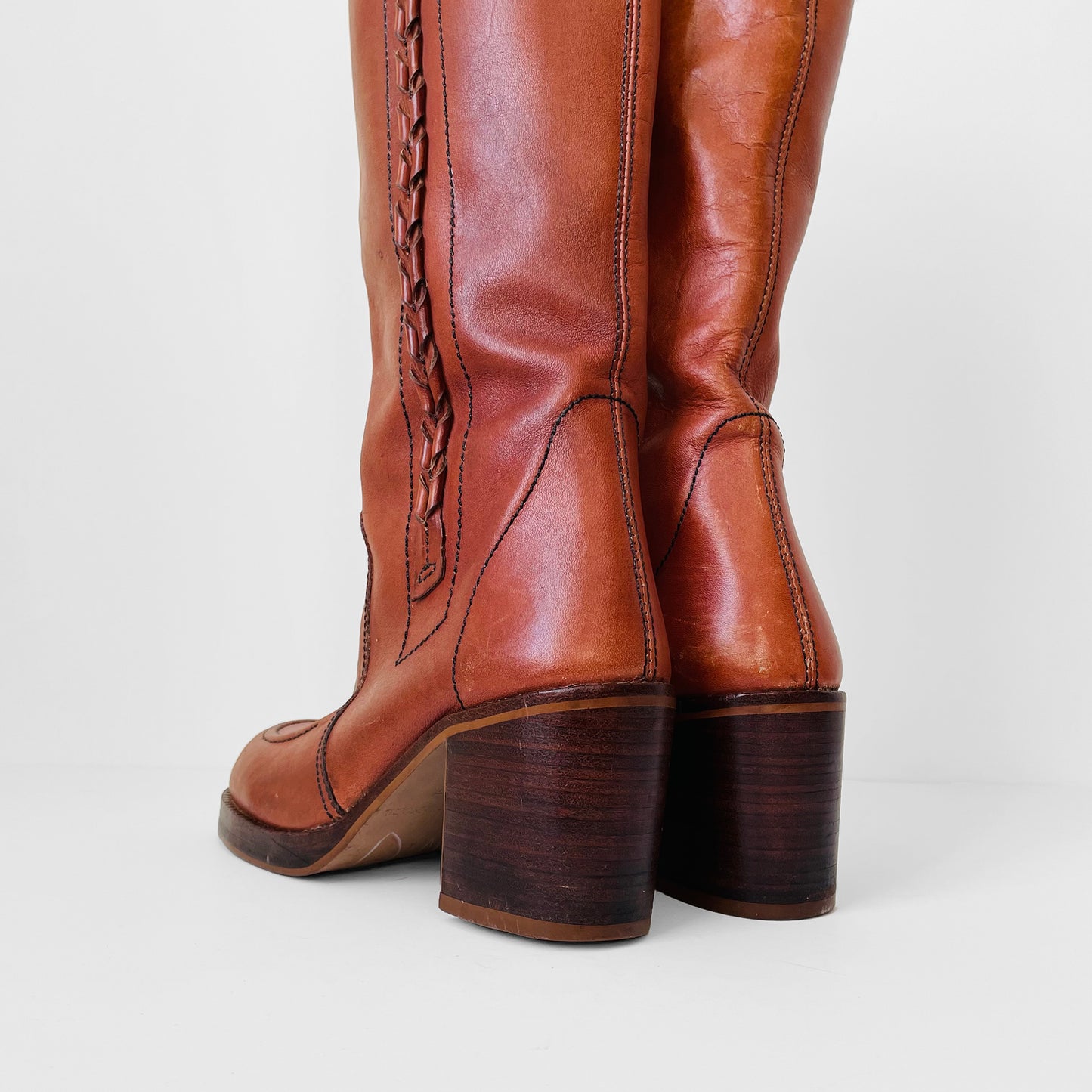 1970s Cognac Leather Wood-Heeled Zip-Up Knee-High Heeled Boots