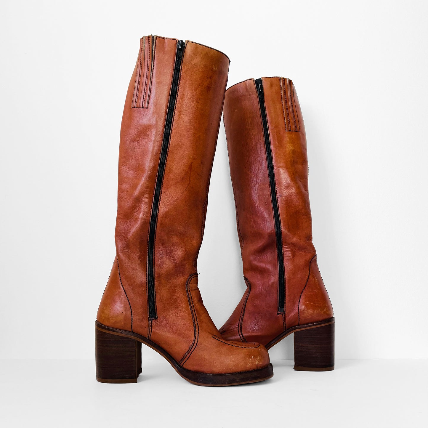 1970s Cognac Leather Wood-Heeled Zip-Up Knee-High Heeled Boots