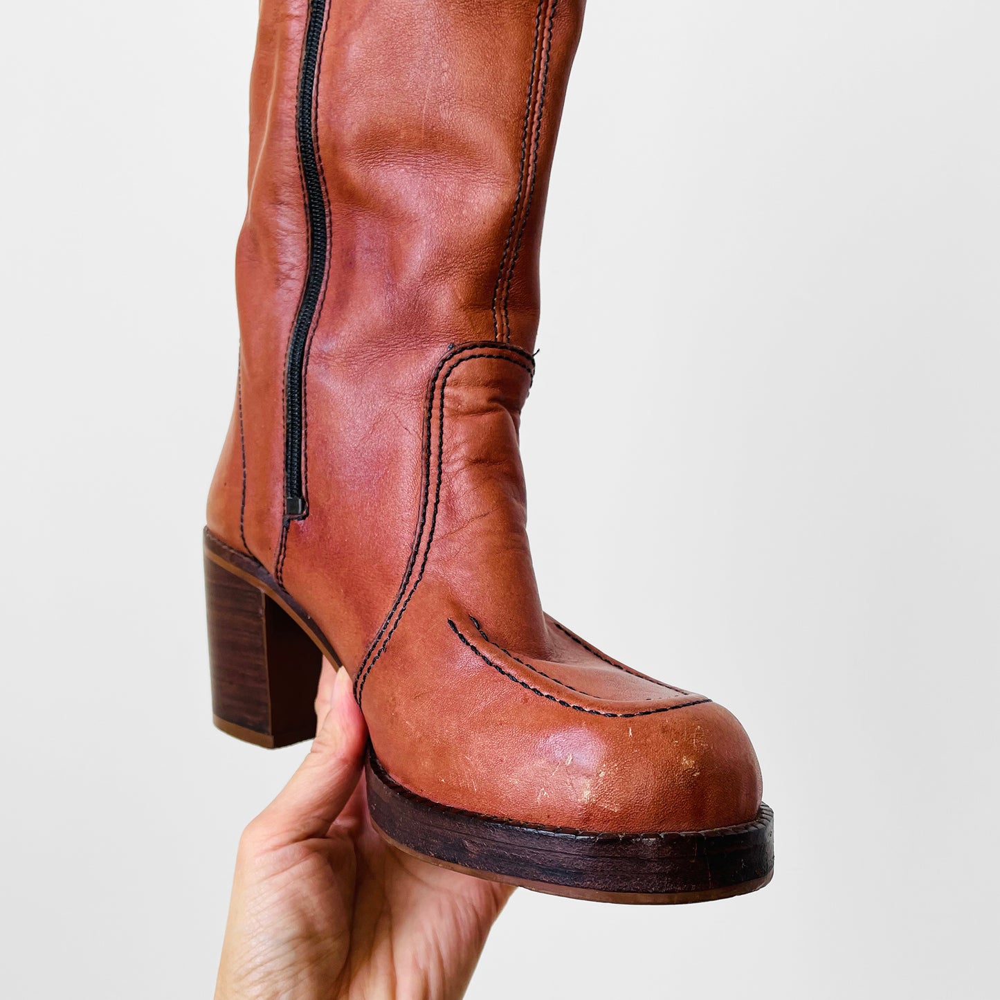 1970s Cognac Leather Wood-Heeled Zip-Up Knee-High Heeled Boots