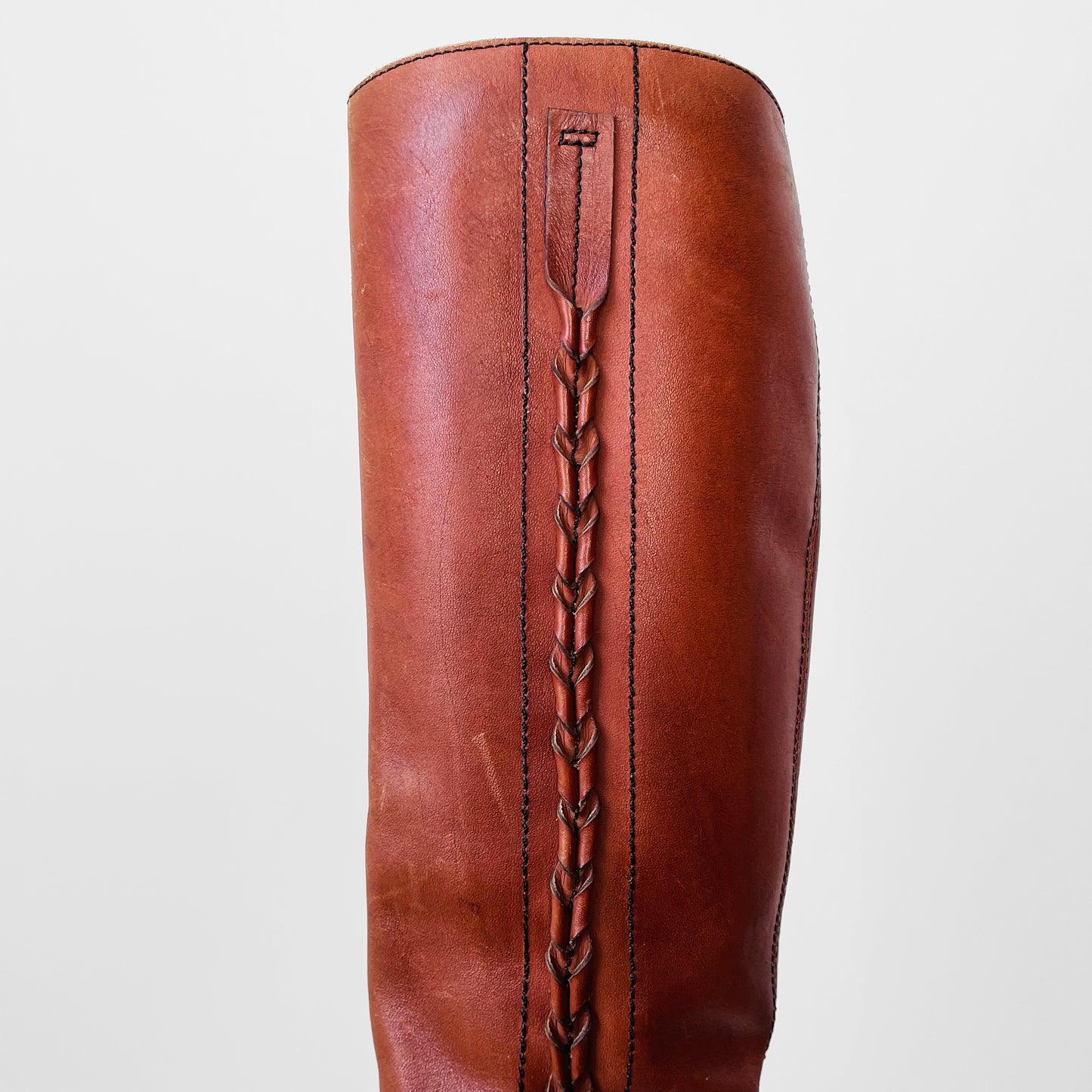 1970s Cognac Leather Wood-Heeled Zip-Up Knee-High Heeled Boots