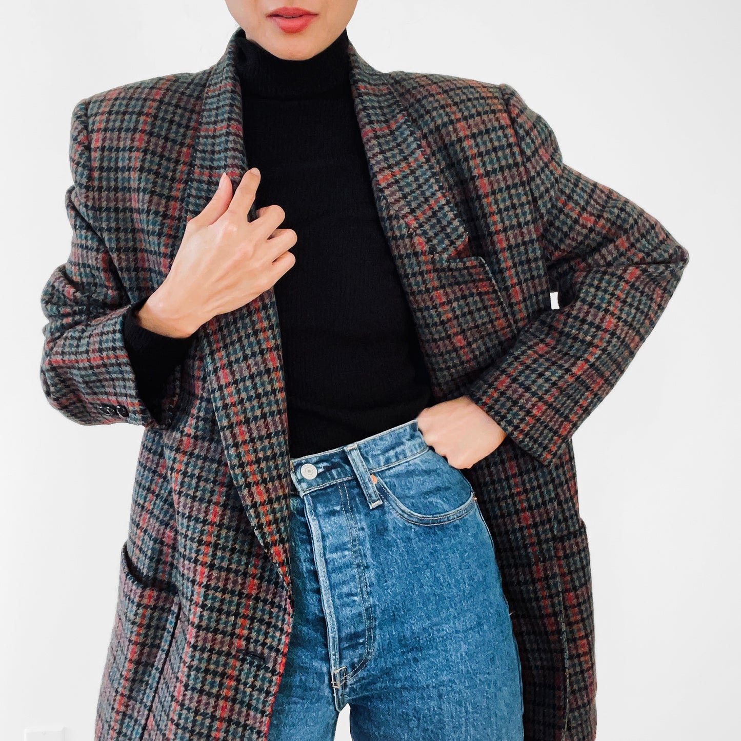 1980s Wool Mixed Tone Houndstooth Plaid Blazer Jacket