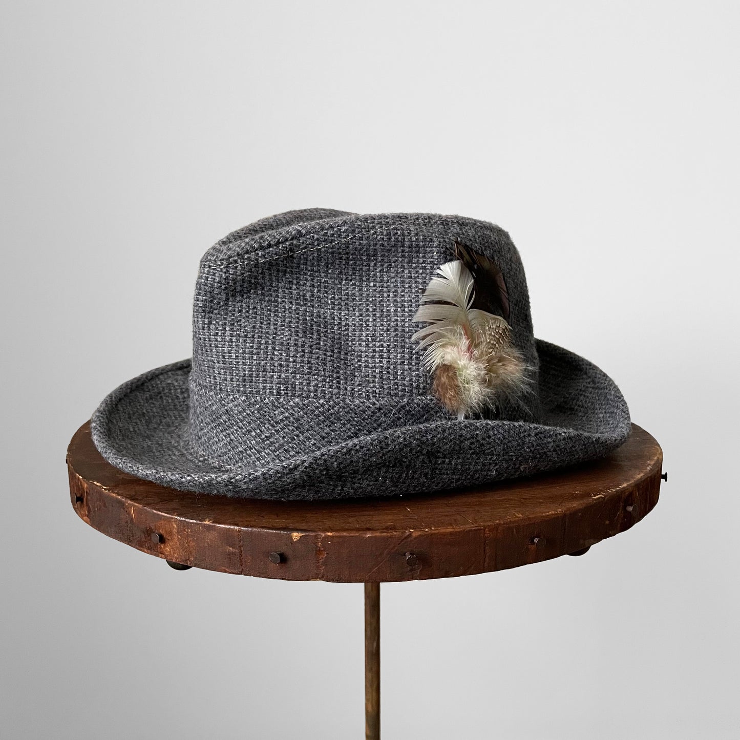 Grey Wool Tweed Feathered Fedora - XS