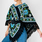 1970s Blue Yellow Black Green Floral Needlepoint Embroidered Fringe Knit Shawl