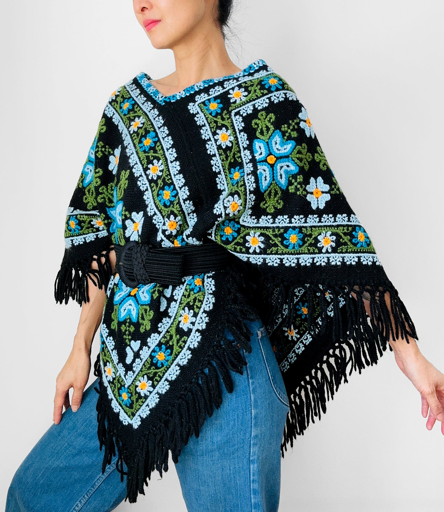 1970s Blue Yellow Black Green Floral Needlepoint Embroidered Fringe Knit Shawl