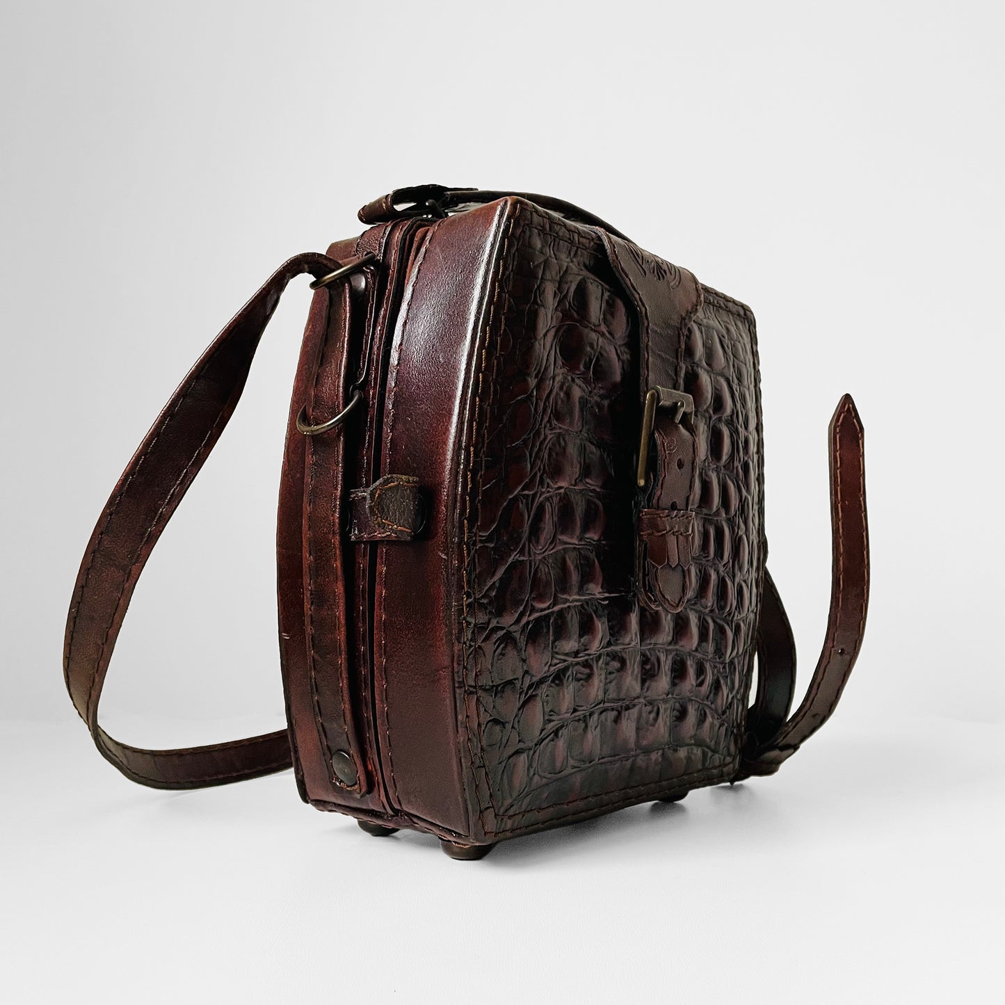 Textured Leather Structured Crossbody Satchel