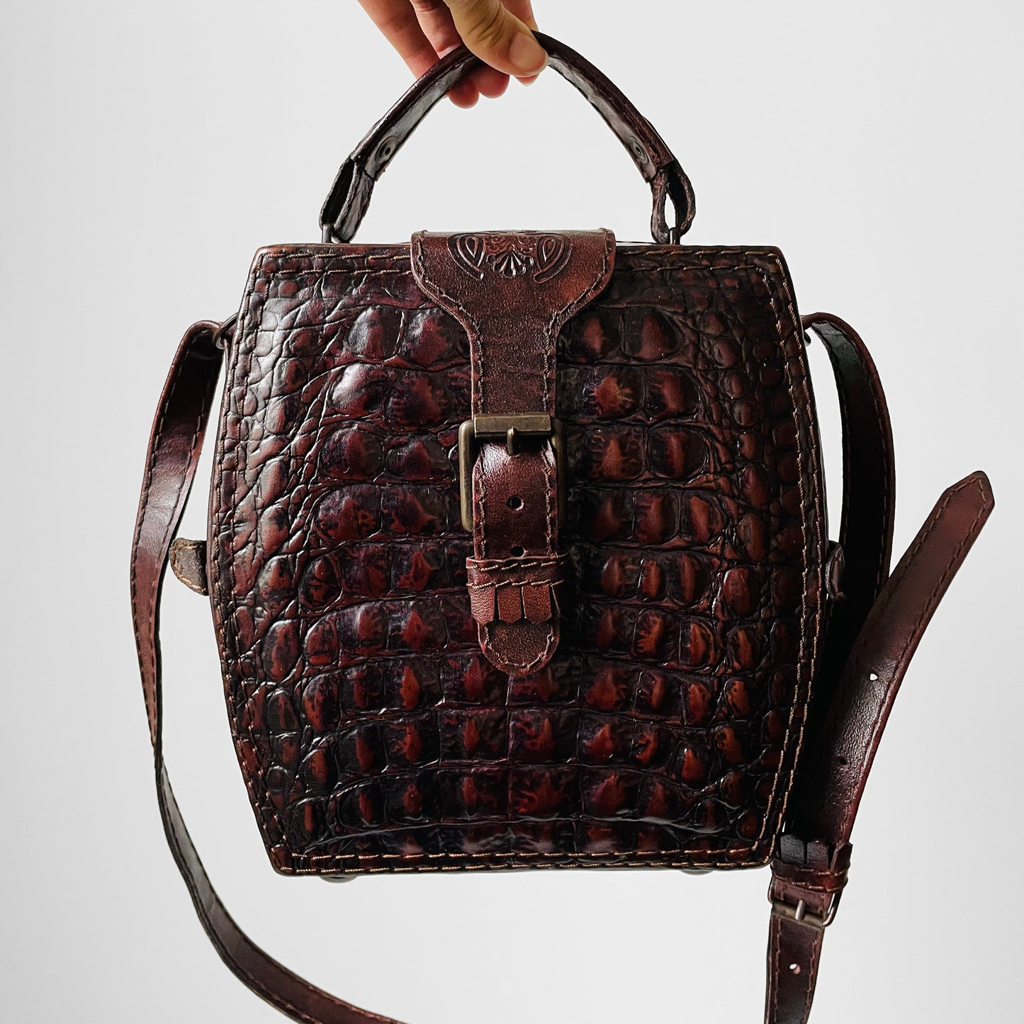 Textured Leather Structured Crossbody Satchel