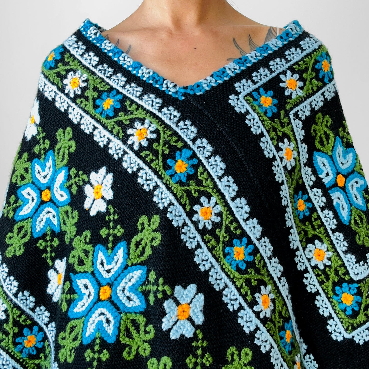 1970s Blue Yellow Black Green Floral Needlepoint Embroidered Fringe Knit Shawl