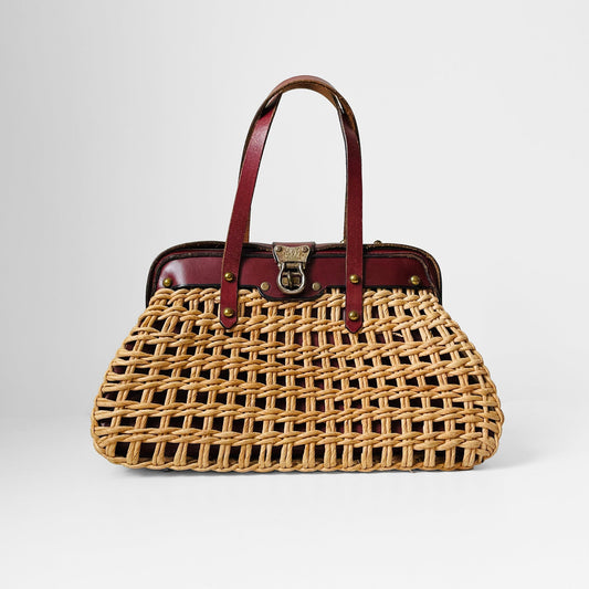 1960s Woven Basket Leather Top Handle Handbag