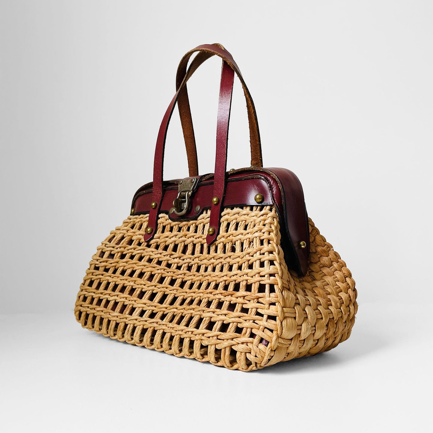 1960s Woven Basket Leather Top Handle Handbag