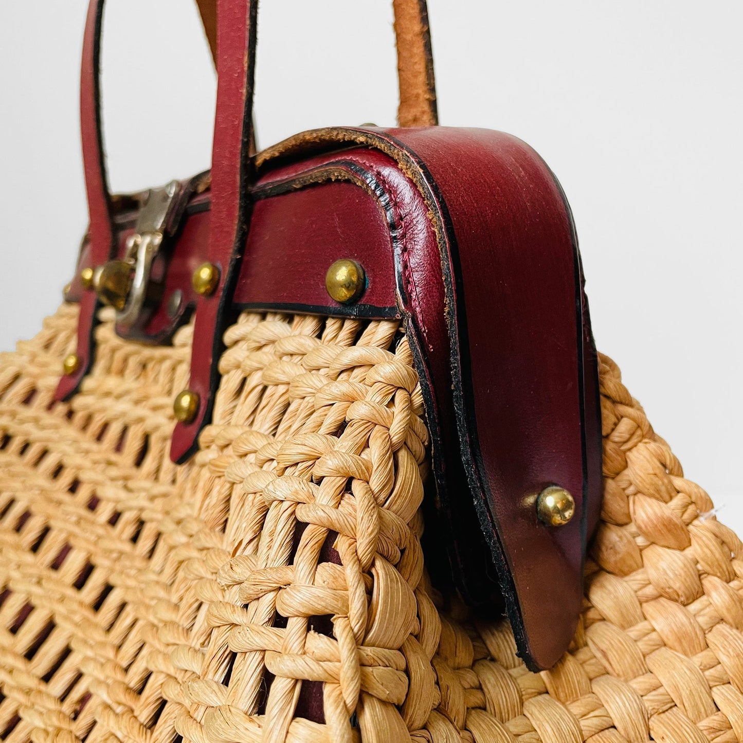 1960s Woven Basket Leather Top Handle Handbag