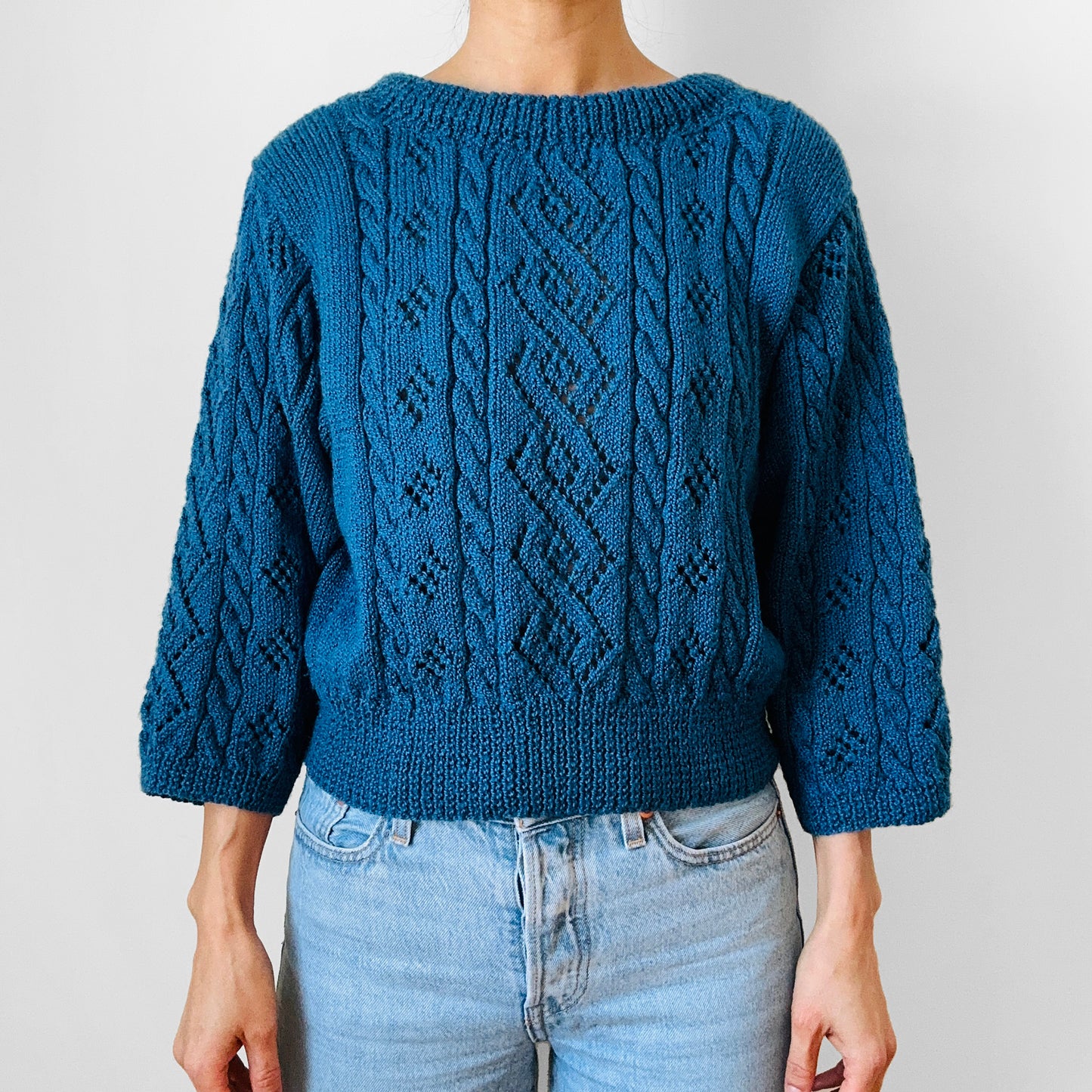 1980s Teal Blue Hand-Knit Soft Crop Three-Quarter Sleeve Knit Crew-Neck Sweater