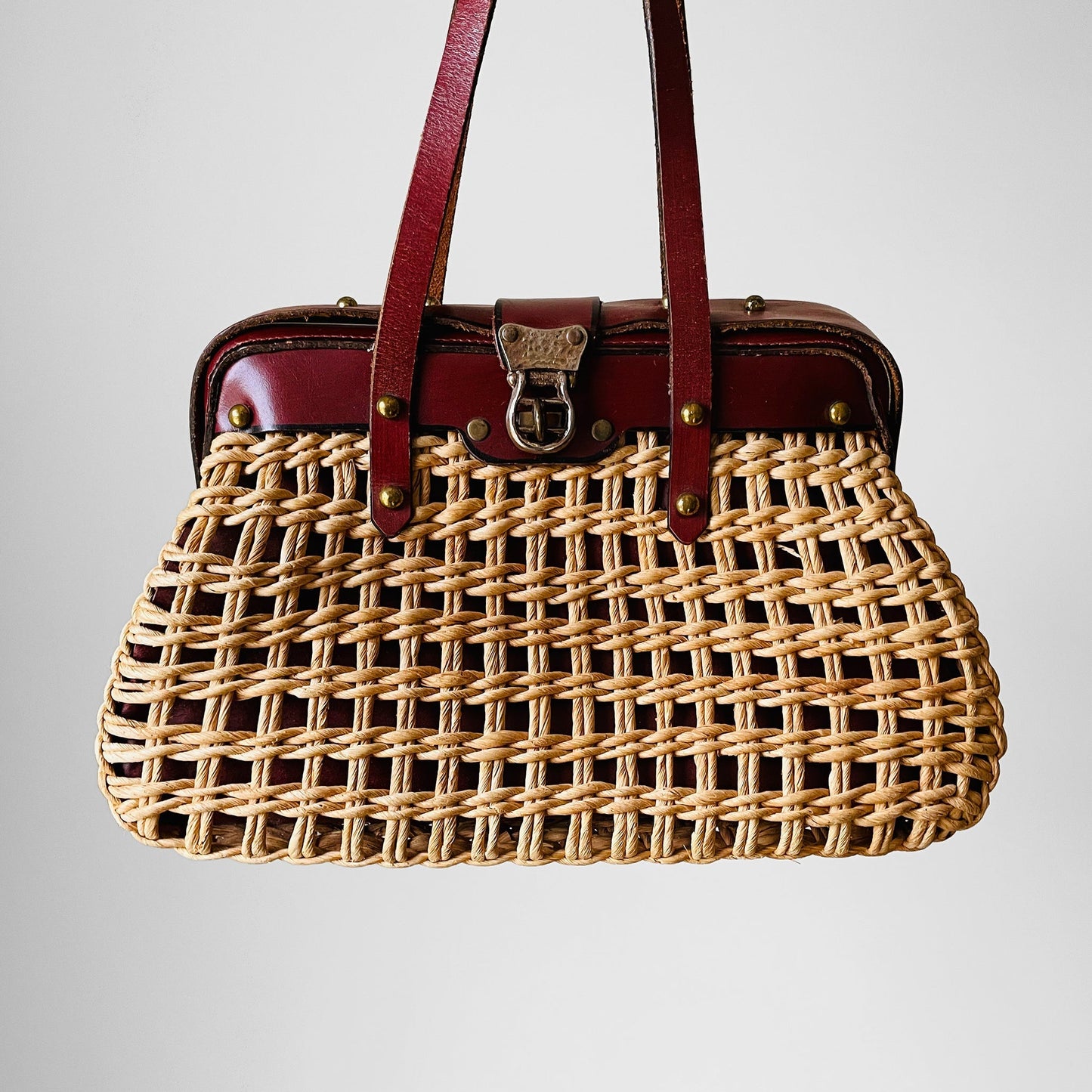 1960s Woven Basket Leather Top Handle Handbag