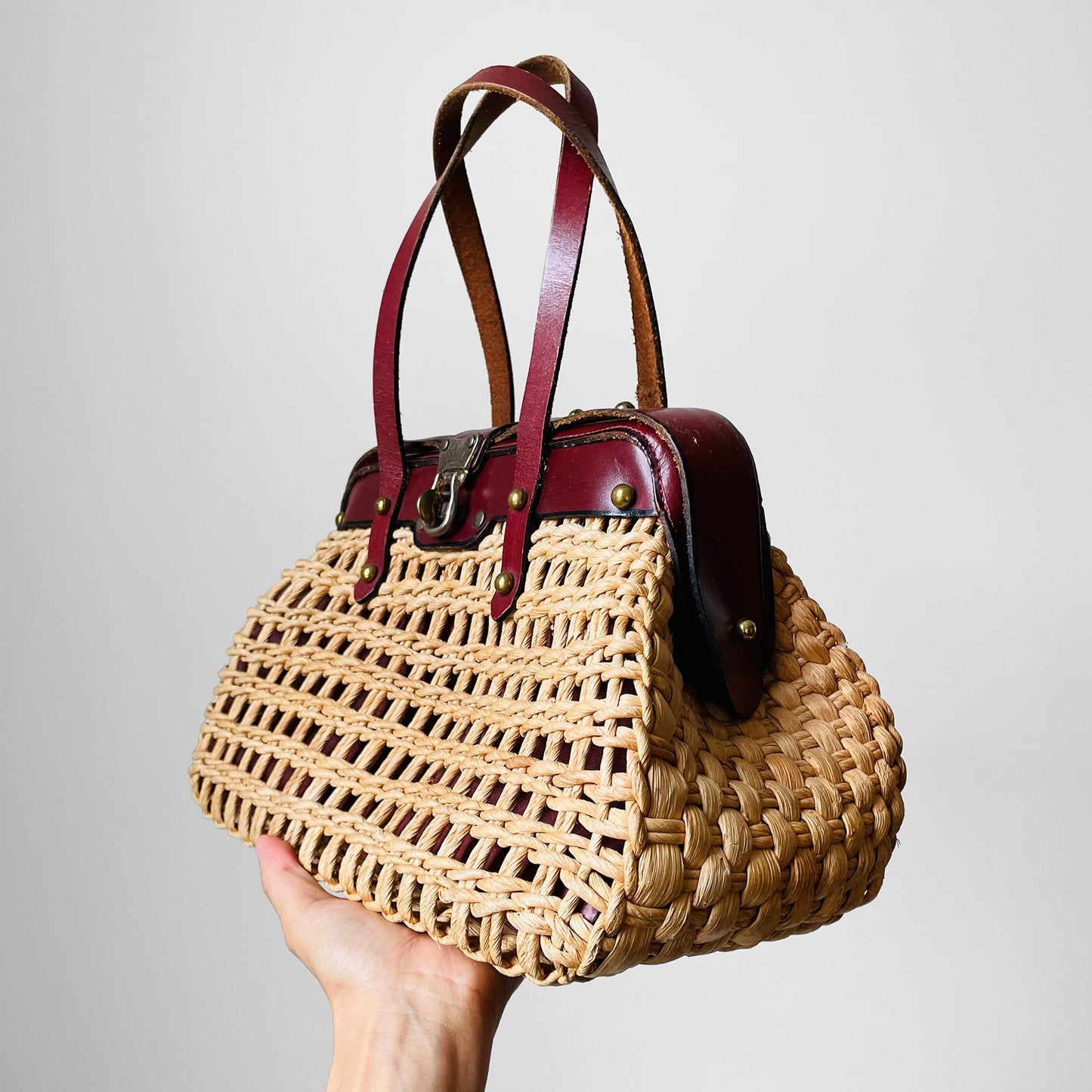 1960s Woven Basket Leather Top Handle Handbag