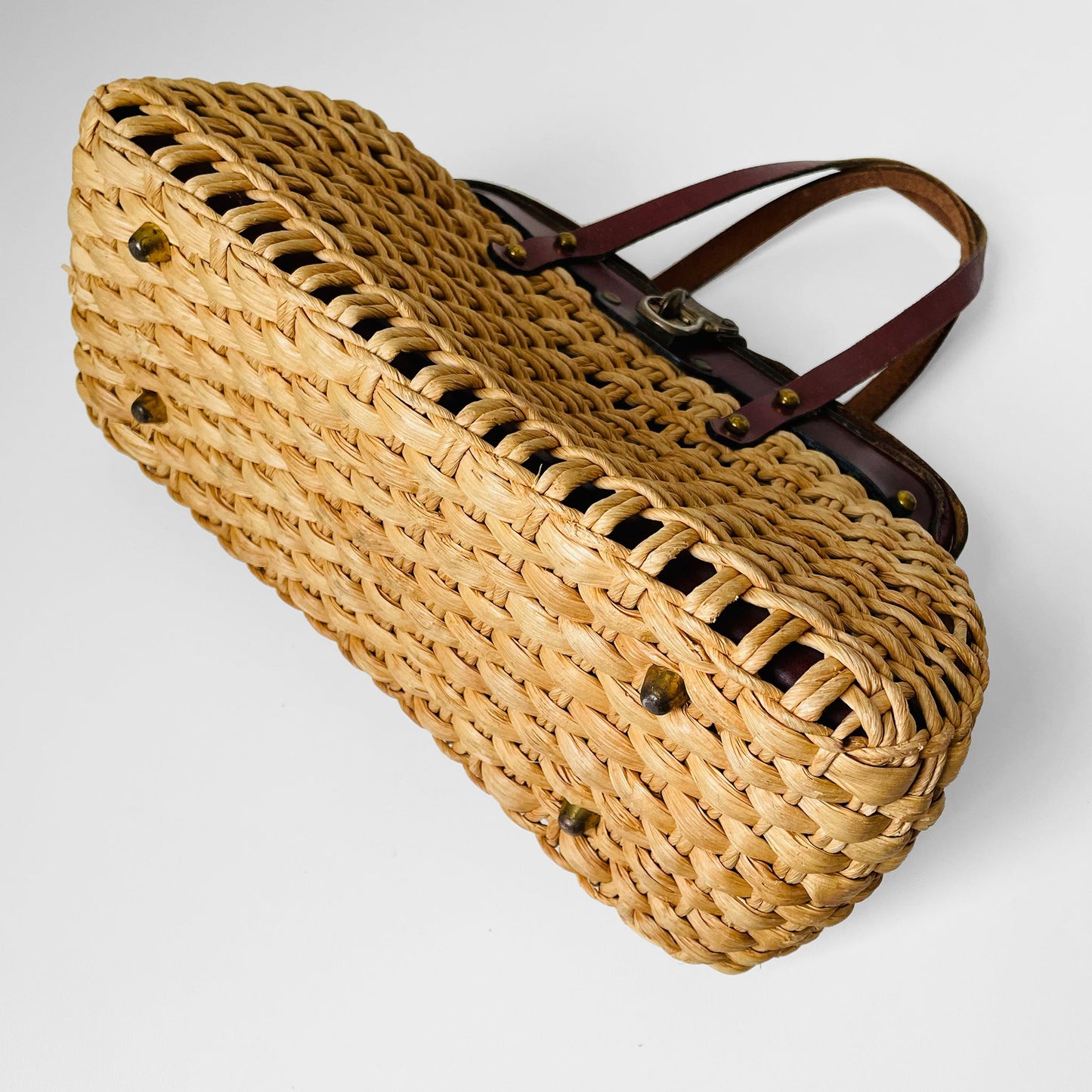 1960s Woven Basket Leather Top Handle Handbag