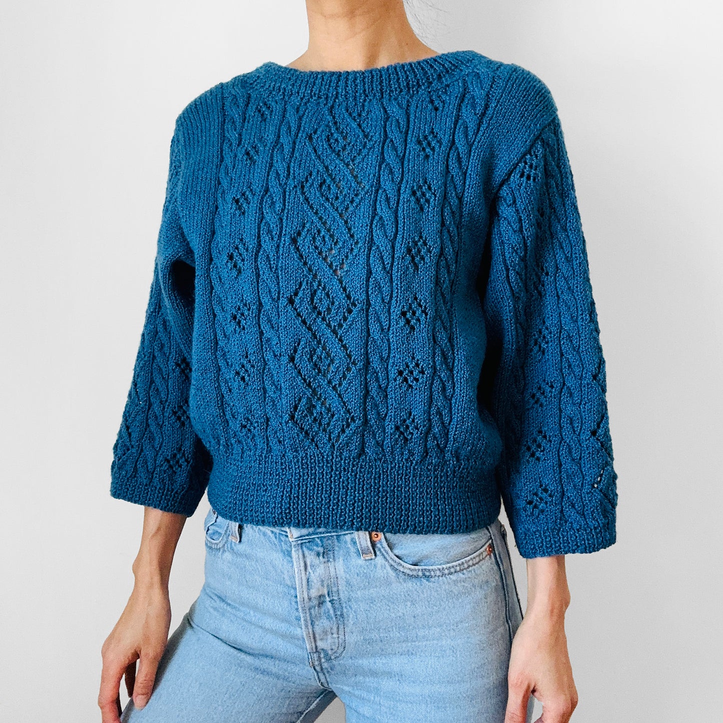 1980s Teal Blue Hand-Knit Soft Crop Three-Quarter Sleeve Knit Crew-Neck Sweater