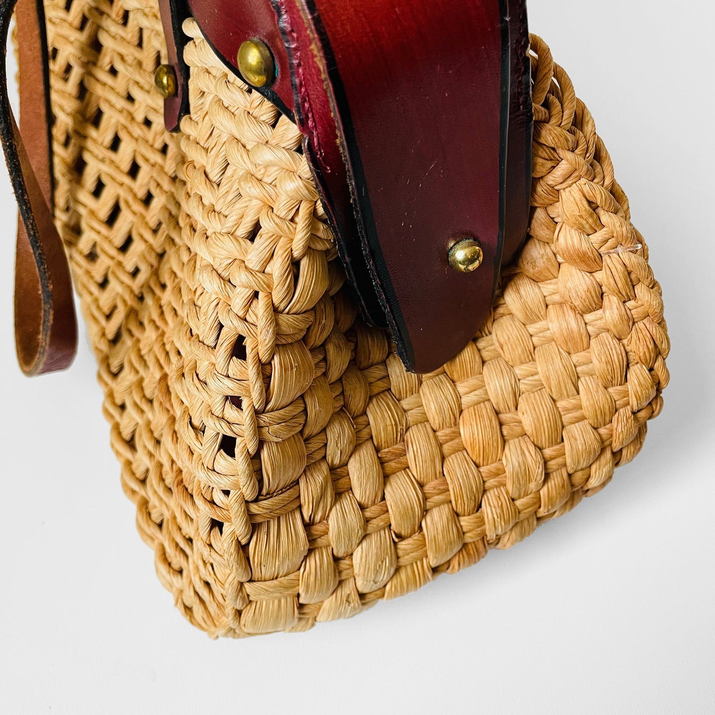 1960s Woven Basket Leather Top Handle Handbag