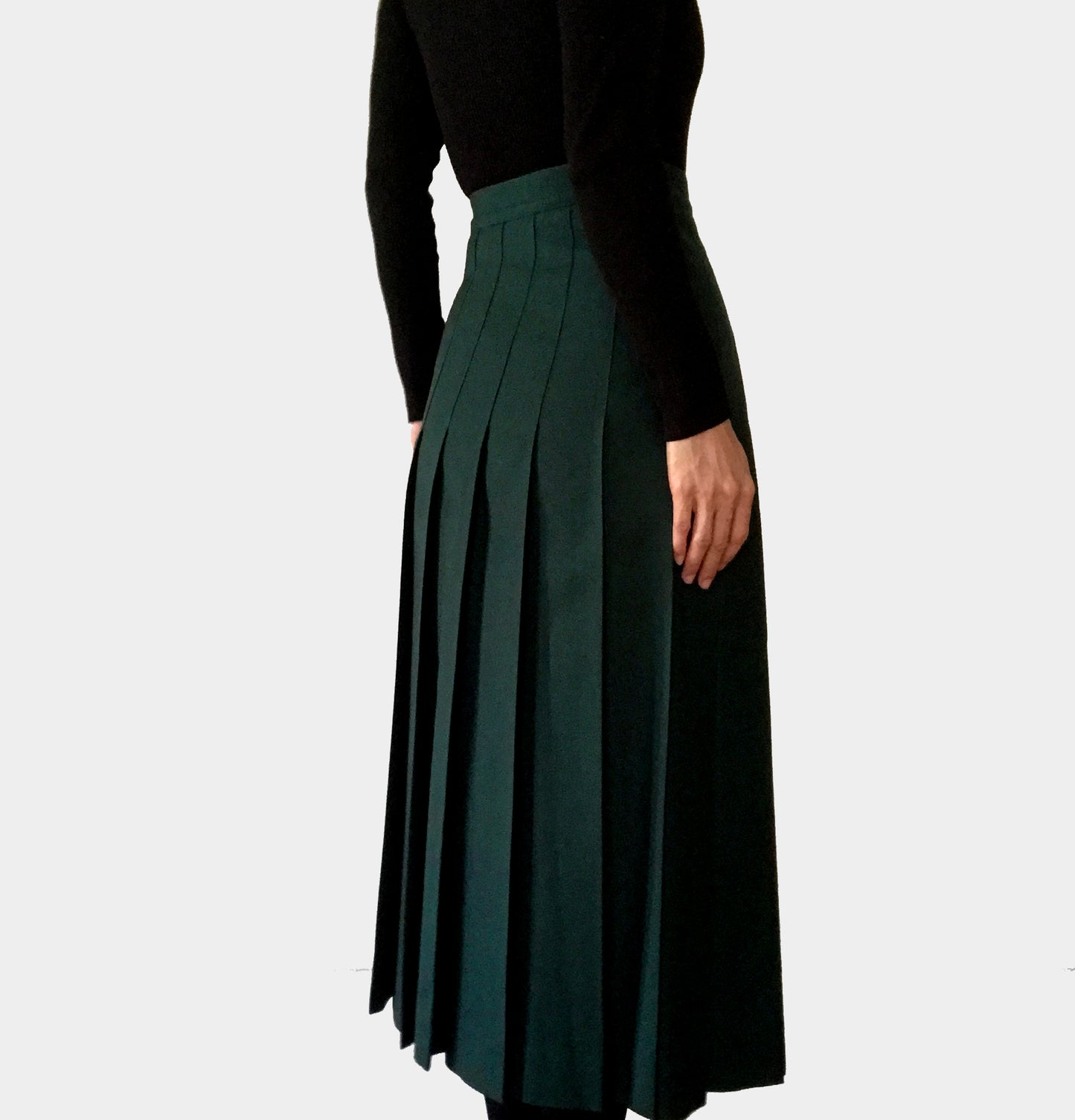 Wool Hunter-Green Knife Pleat Midi Skirt